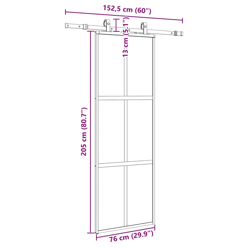 Porte coulissante kit quincaillerie noir 76x205 cm verre trempé