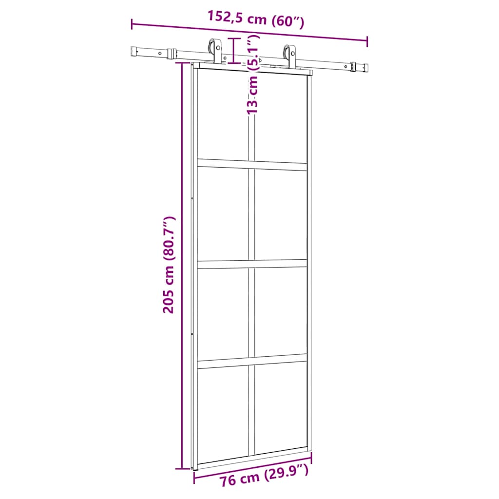 Porte coulissante kit quincaillerie noir 76x205 cm verre trempé