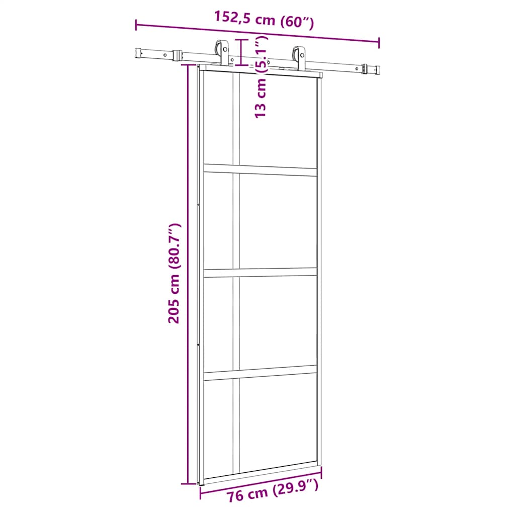 Porte coulissante kit quincaillerie noir 76x205 cm verre trempé