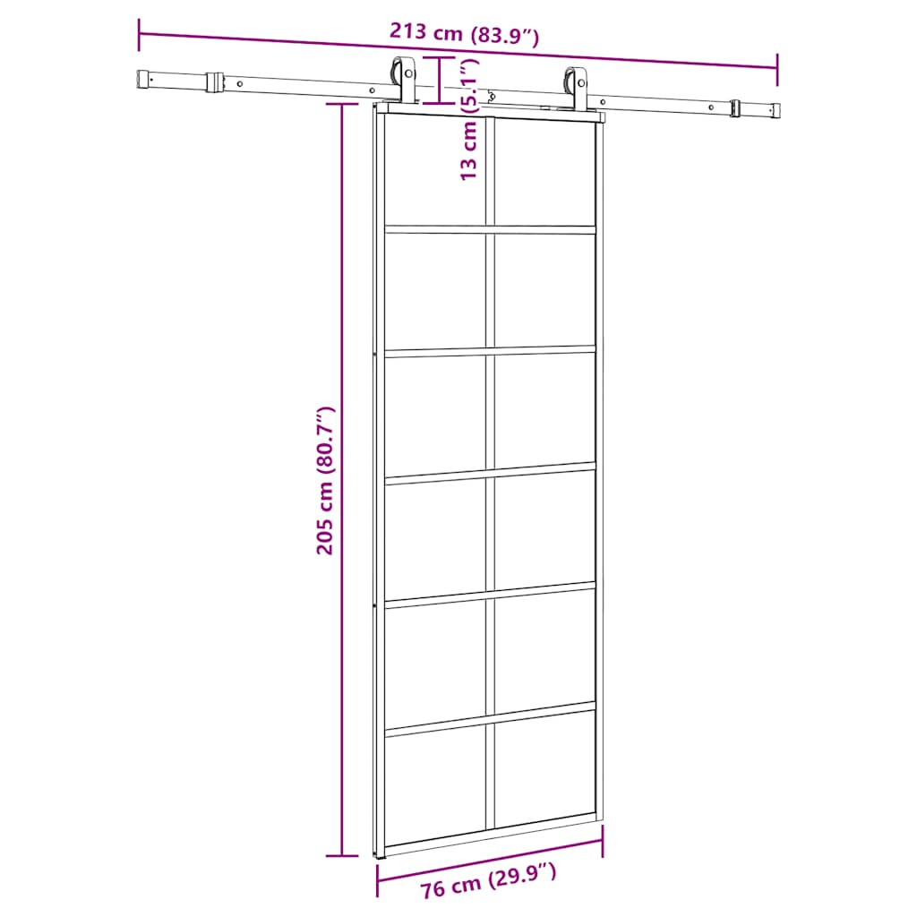 Porte coulissante kit de quincaillerie noir 76x205 cm verre ESG