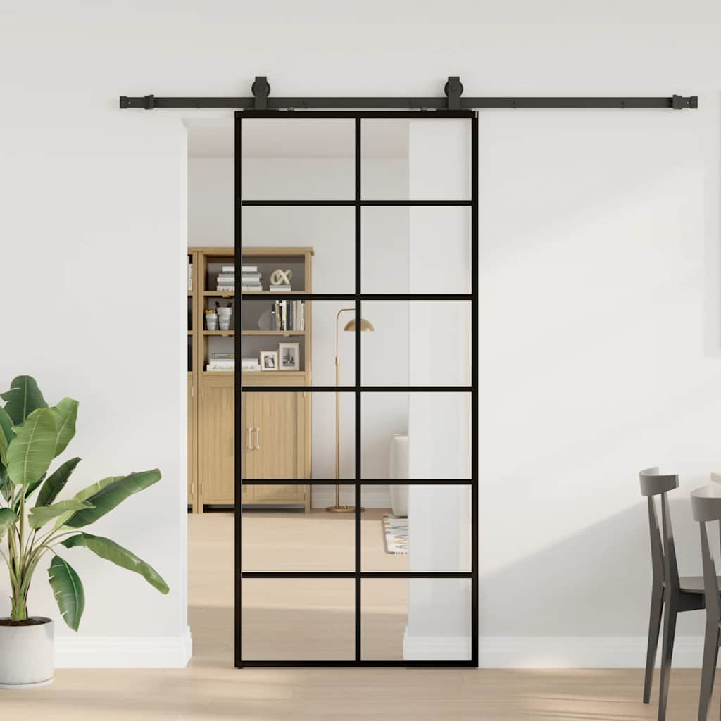 Porte coulissante kit de quincaillerie noir 90x205 cm verre ESG