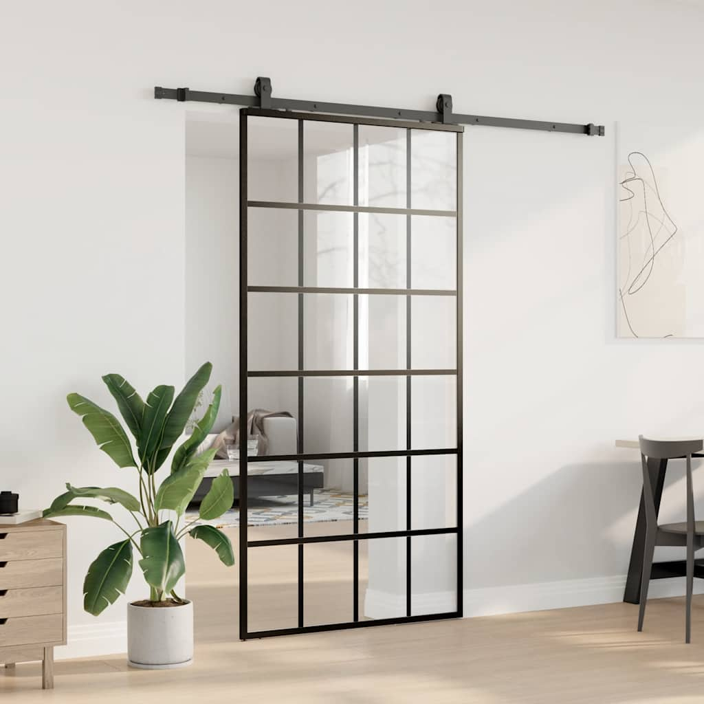 Porte coulissante kit de quincaillerie noir 102x205cm verre ESG