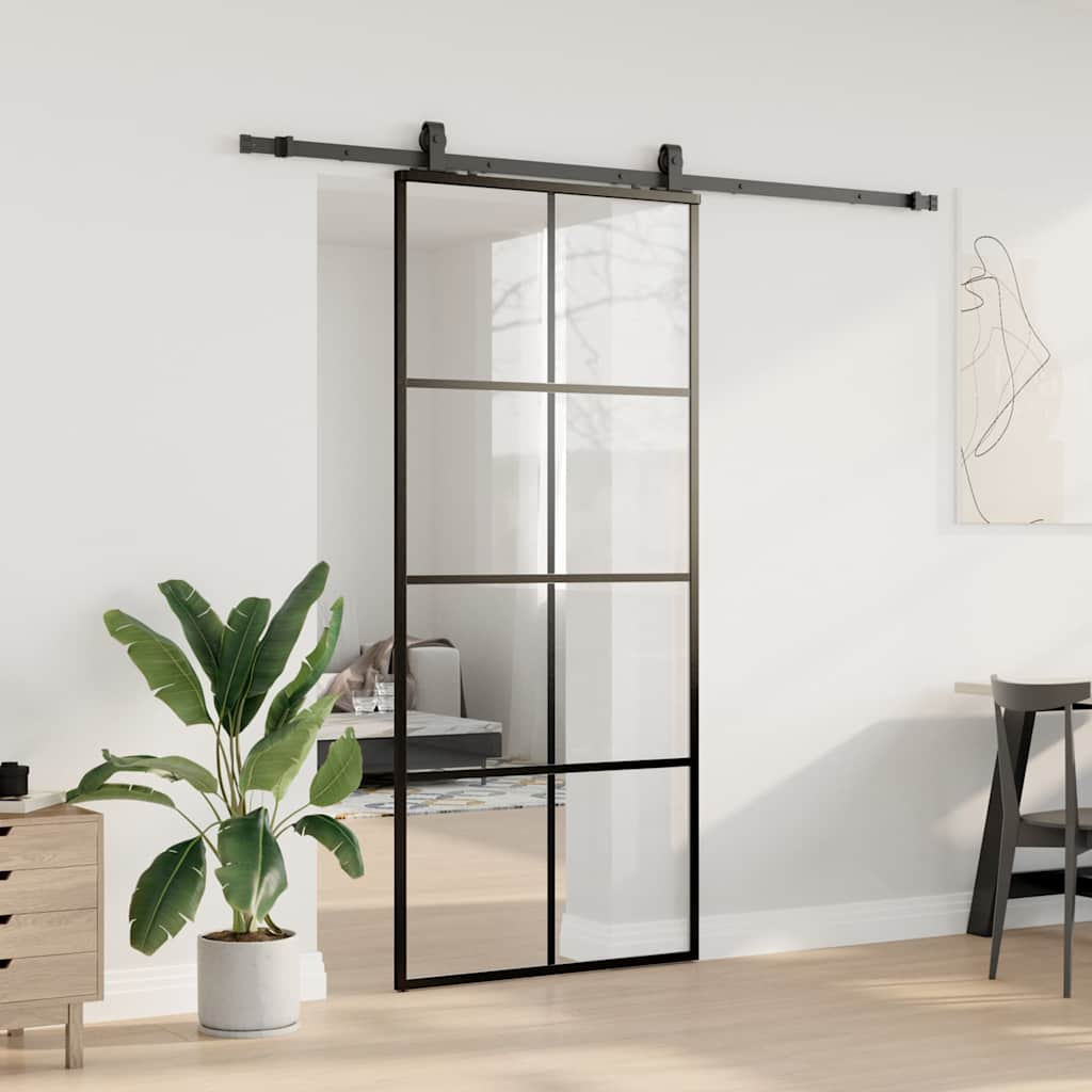 Porte coulissante kit de quincaillerie noir 90x205 cm verre ESG