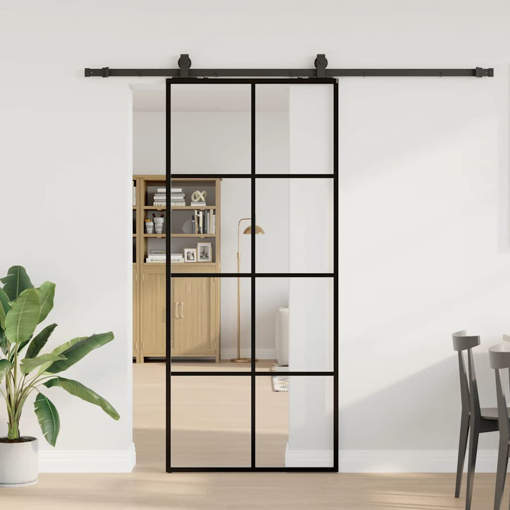 Porte coulissante kit de quincaillerie noir 90x205 cm verre ESG