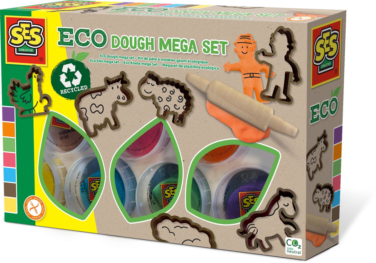 Kit de pâte a modeler géant écologique (7x90 g avec outils) - SES CREATIVE - Dough - Fabriqué aux Pays-Bas - Rouleau bois - Age : 2+