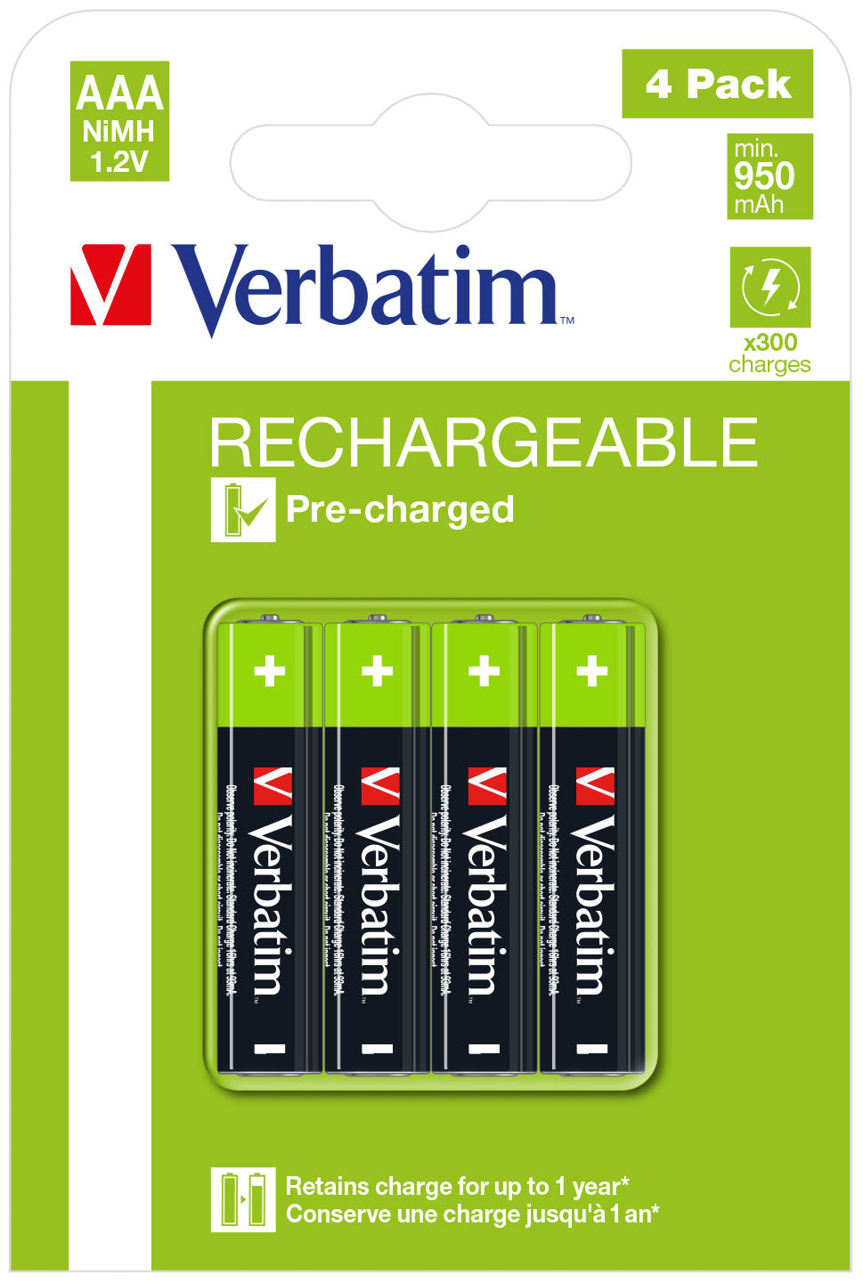 Lot de 4 piles rechargeables Verbatim Premium type AAA (LR03) 1,2V 950mAh