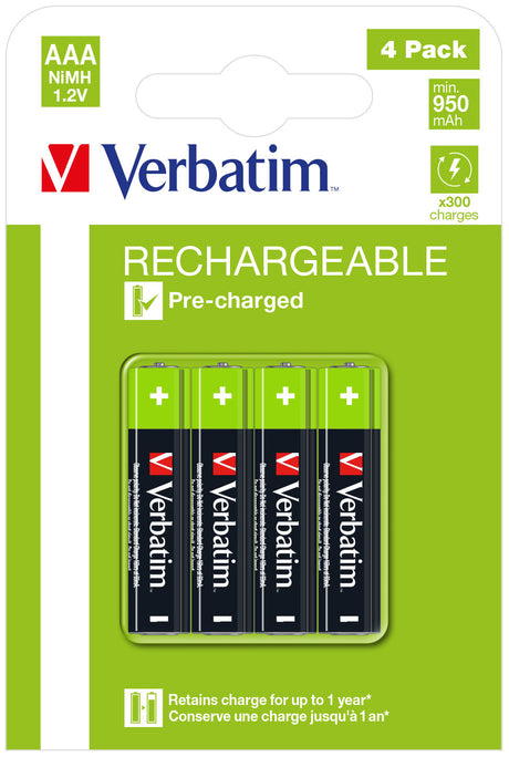 Lot de 4 piles rechargeables Verbatim Premium type AAA (LR03) 1,2V 950mAh