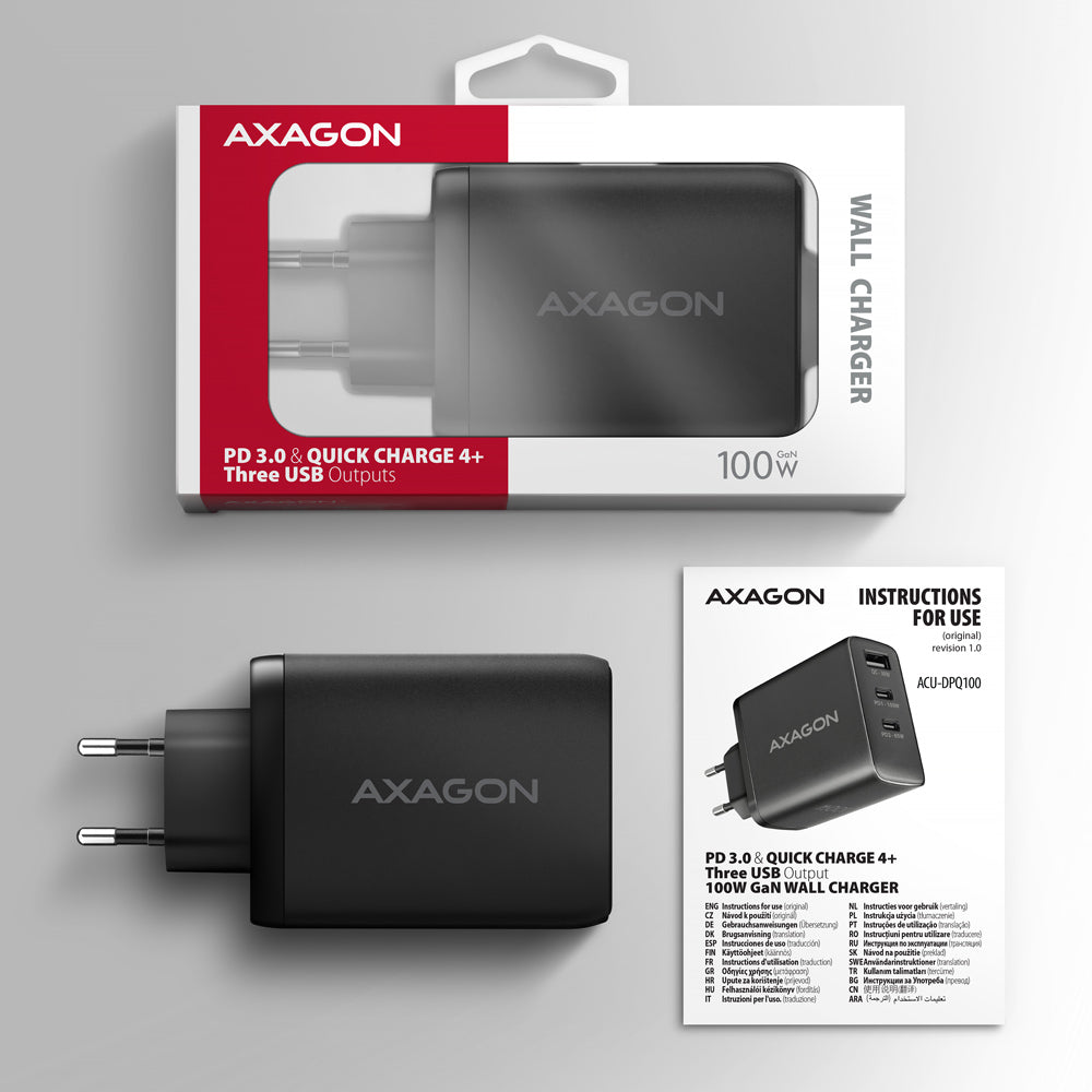 Chargeur secteur Axagon 2x USB-C + 1x USB-A 100W (Noir)