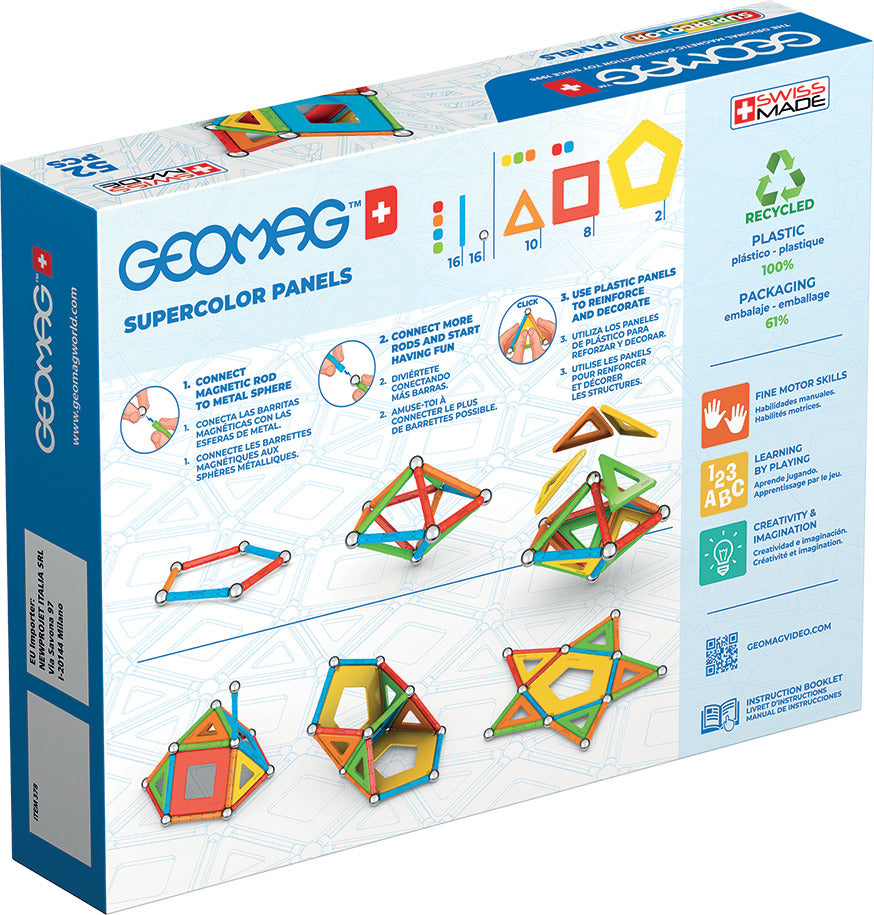 Jeu de construction magnétique - GEOMAG - Supercolor Panels Recycled 52 pieces - Jouet éducatif - 3D - Durable