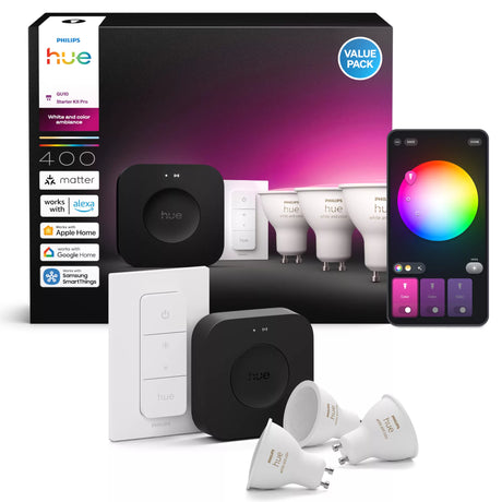 Kit de démarrage - PHILIPS HUE - Lumiere blanche et ambiance colorée - 1 Bridge Pro + 3  3 spots GU10 400 lumens + 1 dimmer switch