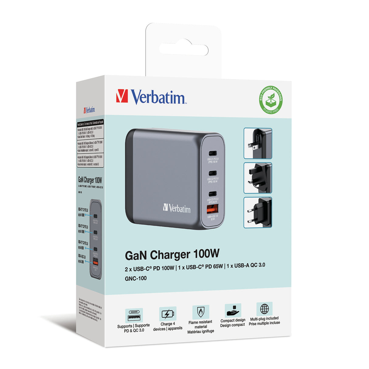Chargeur secteur Verbatim GNC 2x ports USB-A + 2x ports USB-C 100W (Noir)