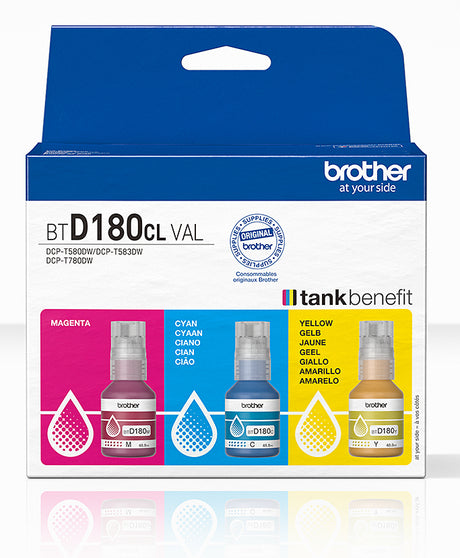 Bouteille d'encre - Brother - BTD180CLVAL - Cyan/Magenta/Jaune - 5000 pages - Pack de 3 - Standard
