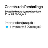 HP 31 Bouteille d'encre cyan authentique 70 mL (1VU26AE) pour HP Smart Tank 455/457/513/Plus 555/Plus 559/Plus 570/Plus 655