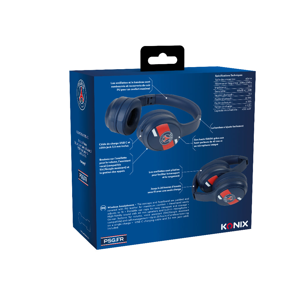 Casque audio - Sans fil - Konix - PSG - Bluetooth 5.3 PC, smartphones, tablettes - Microphone - Autonomie 25 h - Câble 3,5 mm - Bleu