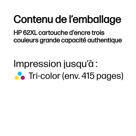 HP 62XL Cartouche d'encre trois couleurs grande capacité authentique (C2P07AE) pour Officejet Mobile 250, Envy 5540/5640/7640