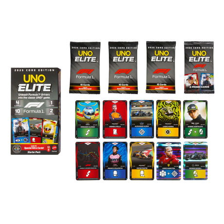 UNO Élite Formula 1 Édition - Jeu de cartes - Avec 4 boosters - Mattel Games - JLV42 - 7 ans et +