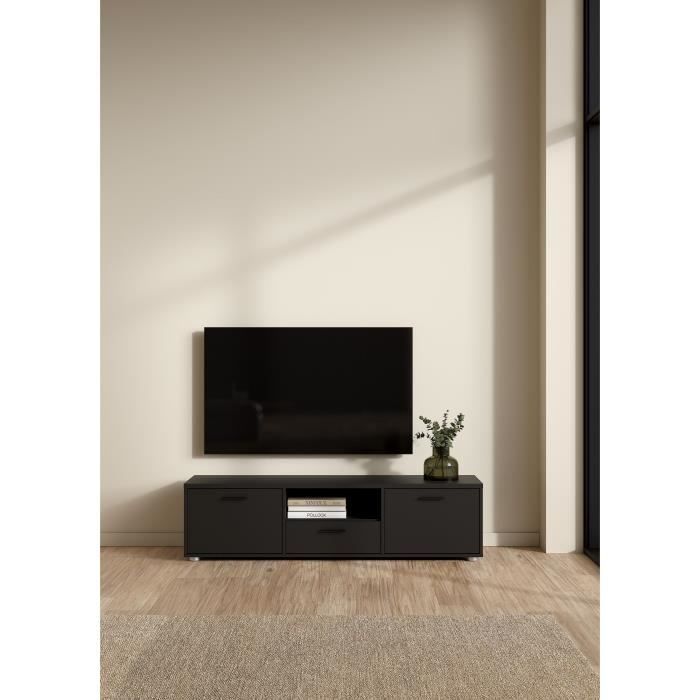 Meuble TV - MEDIA - Noir mat  - 2 portes, 1 tiroir - 147,2 x 39,8 x 38,4 cm