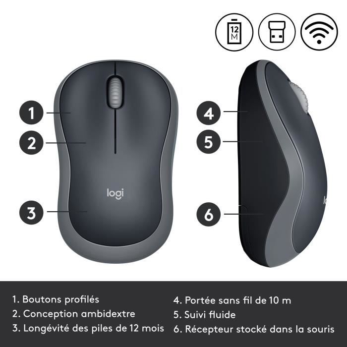 Souris - Sans fil - Logitech - M185 - Gris - Ambidextre