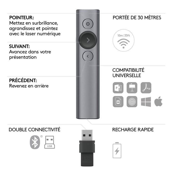 Pointeur - Logitech - Spotlight - Compatible avec Windows / Apple / Linux