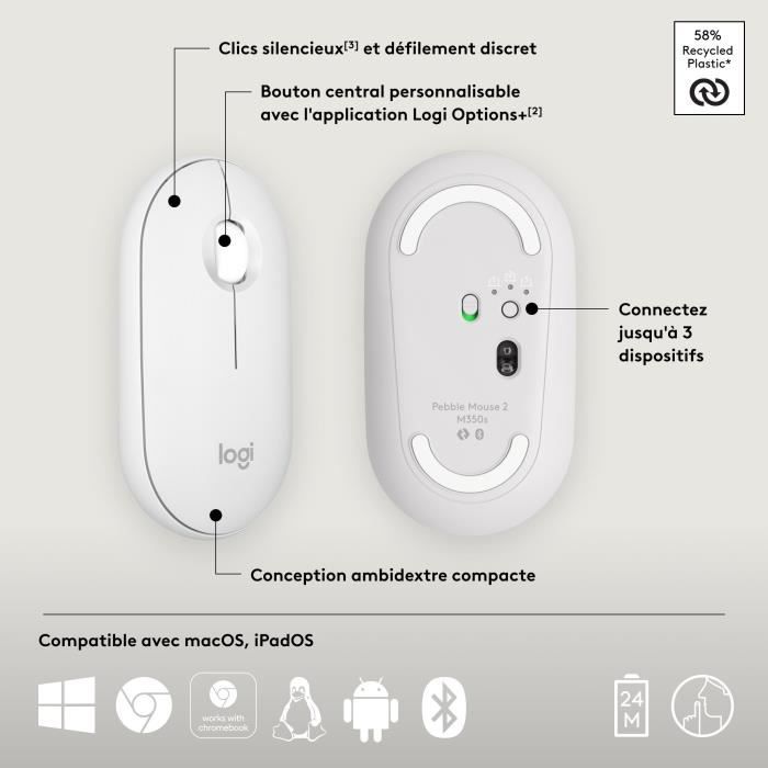 Souris - Sans fil - Logitech - Pebble Mouse 2 M350s - Blanche