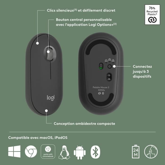 Souris Logitech Pebble Mouse 2 M350s souris fine sans fil Bluetooth, portable, lÈgere - Graphite