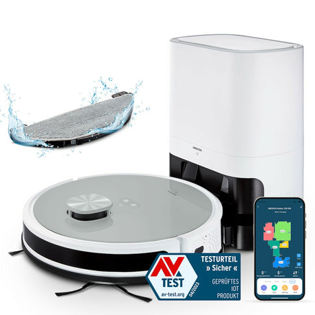 MEDION X21 SW - Robot Aspirateur Laveur avec Station de Vidange - Navigation Laser - Puissance 3000 Pa