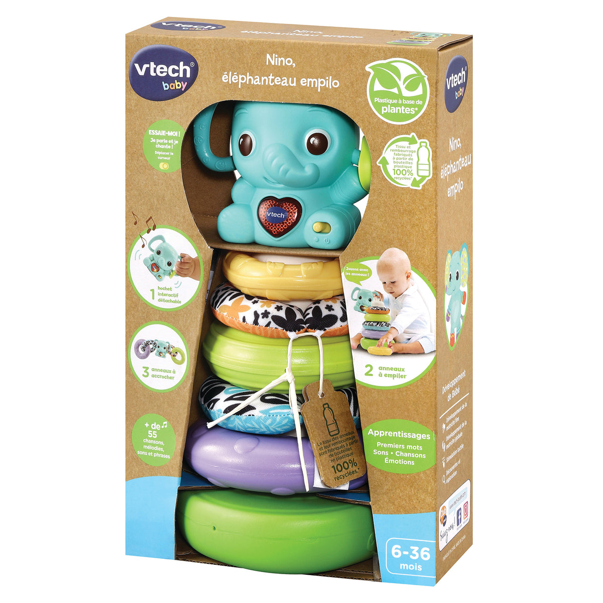VTECH BABY - Play Green - Nino, Éléphanteau Empilo 3 en 1 (Plastique Bio Sourcé)