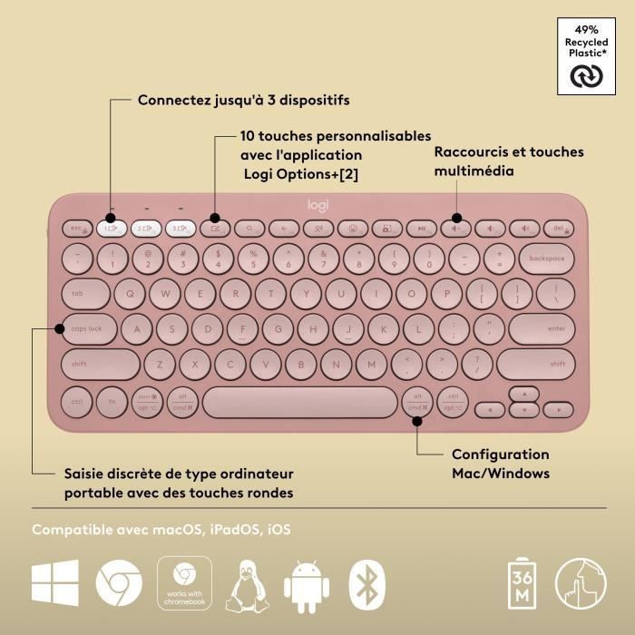 Clavier - Sans fil - Logitech - Pebble Keys 2 K380s - Bouton Easy-switch - Rose