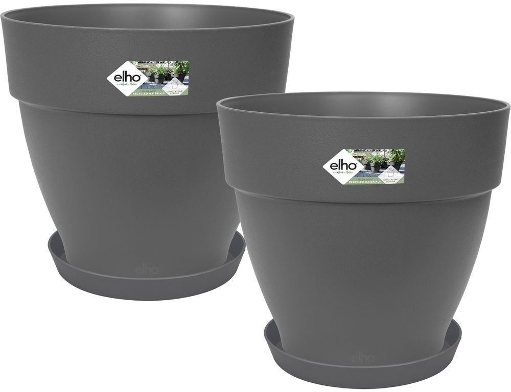 ELHO Lot de 2 pots de fleurs rond avec soucoupes Vibia Campana + Loft - Ø29,8 x H25,8cm + soucoupe Ø21 x H2,8cm - 22 L - Noir