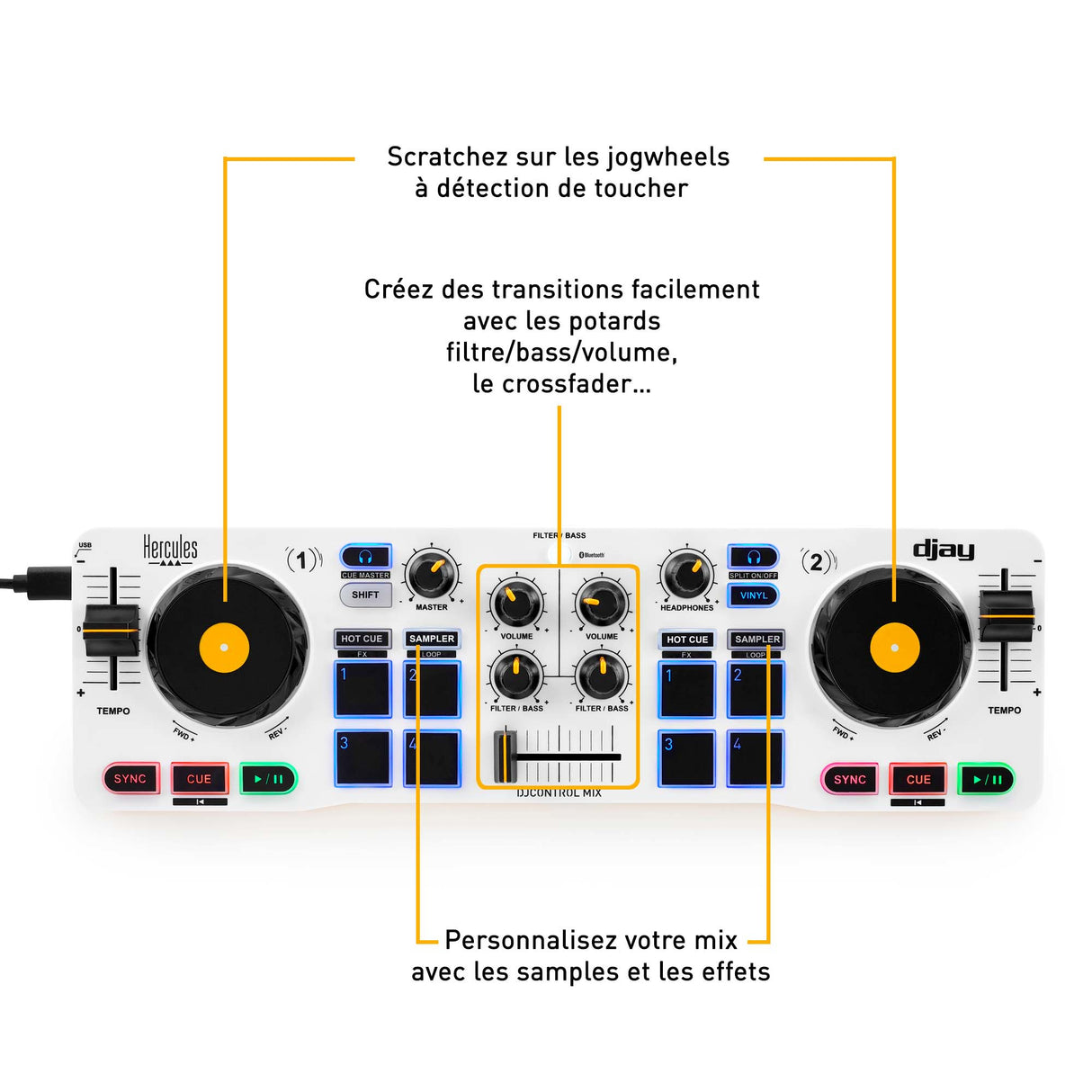 HERCULES DJ CONTROL MIX - Contrôleur DJ Bluetooth pour Smartphone (iOS et Android) - App djay - 2 voies