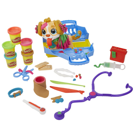 Play-Doh Le cabinet vétérinaire avec chien, avec 5 pots de pâte a modeler et 10 outils, jouet périscolaire, Les classiques