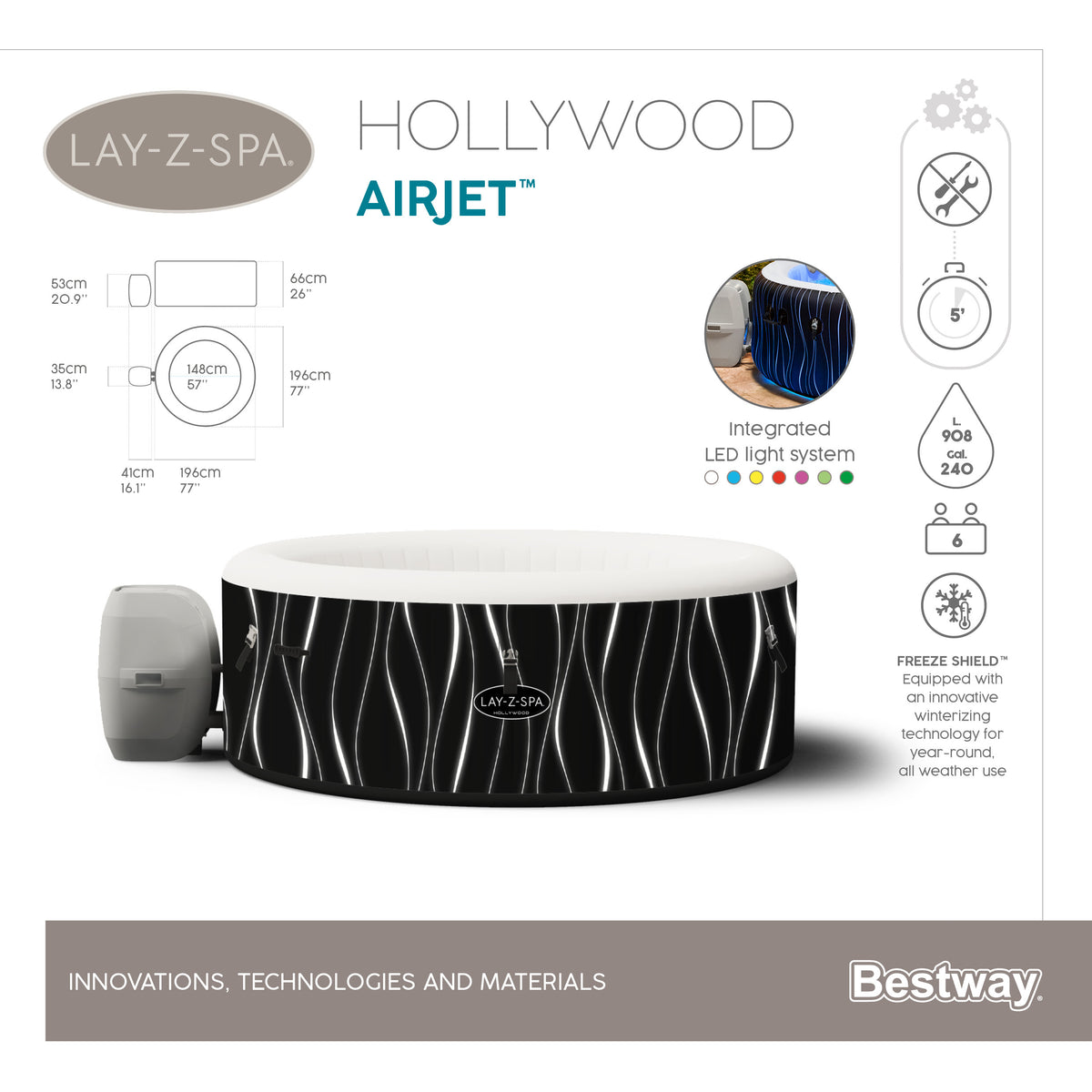 Spa gonflable BESTWAY - Lay-Z-Spa Hollywood - 196 x 66 cm - 4 a 6 places - Rond (Couverture, cartouche, diffuseur, LED...)