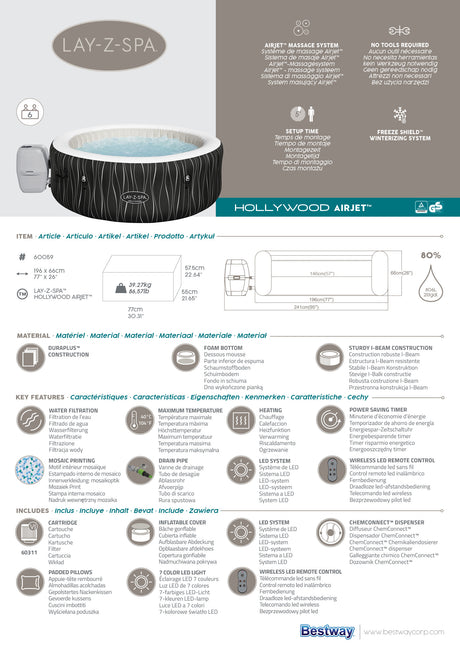 Spa gonflable BESTWAY - Lay-Z-Spa Hollywood - 196 x 66 cm - 4 a 6 places - Rond (Couverture, cartouche, diffuseur, LED...)