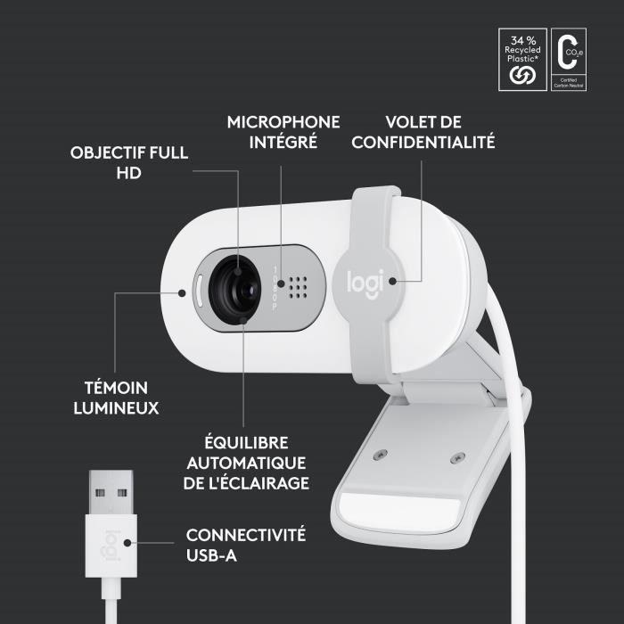 Webcam - Full HD 1080p - Logitech - Brio 100 - Microphone intégré - Blanc