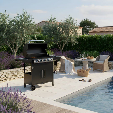 Barbecue a gaz - COOKING BOX - Paarl - 4 brűleurs - Surface de cuisson principal : 60 x 42 cm - Grille de maintien au chaud - Acier