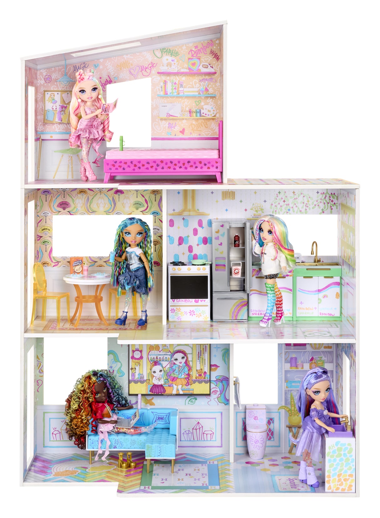 Rainbow High Color & Play House, Maison de poupée 3 étages, Colorie les murs et sols avec des marqueurs lavables, Maison en bois