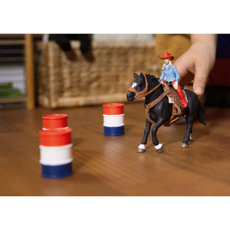 Figurine Cowgirl et Tonneaux de Racing, avec figurine et cheval, Schleich 42576 Farm World