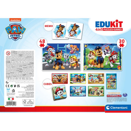 Clementoni - Edukit - Pat'Patrouille - Coffret d'activités préscolaire 4 en 1 - Puzzles, Cubes et Mémo - Fabriqué en Italie