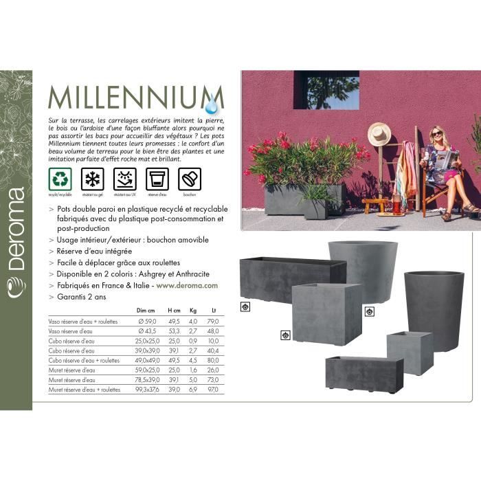 DEROMA Jardiniere Muret Millennium R - 99 x h39 cm - Anthracite - A réserve d'eau - Roulettes