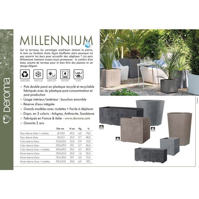 Pot de fleurs rond - DEROMA - Millennium - 79 L - Ø 50 cm - A réserve d'eau et roulettes - Marron