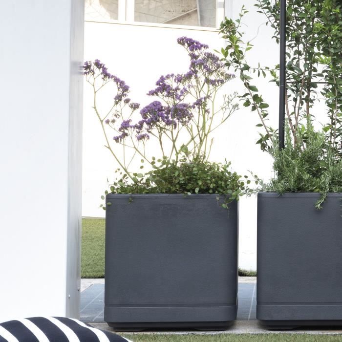 DEROMA Pot de fleurs Cube Cosmo - 38 x h39 cm - Anthracite - A réserve d'eau - Roulettes