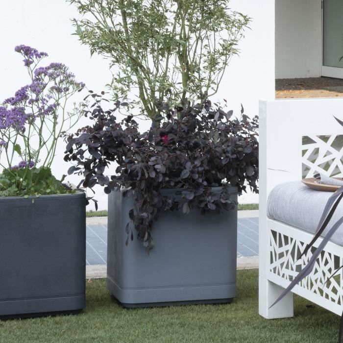 DEROMA Pot de fleurs Cube Cosmo - 38 x h39 cm - Ashgrey - A réserve d'eau - Roulettes