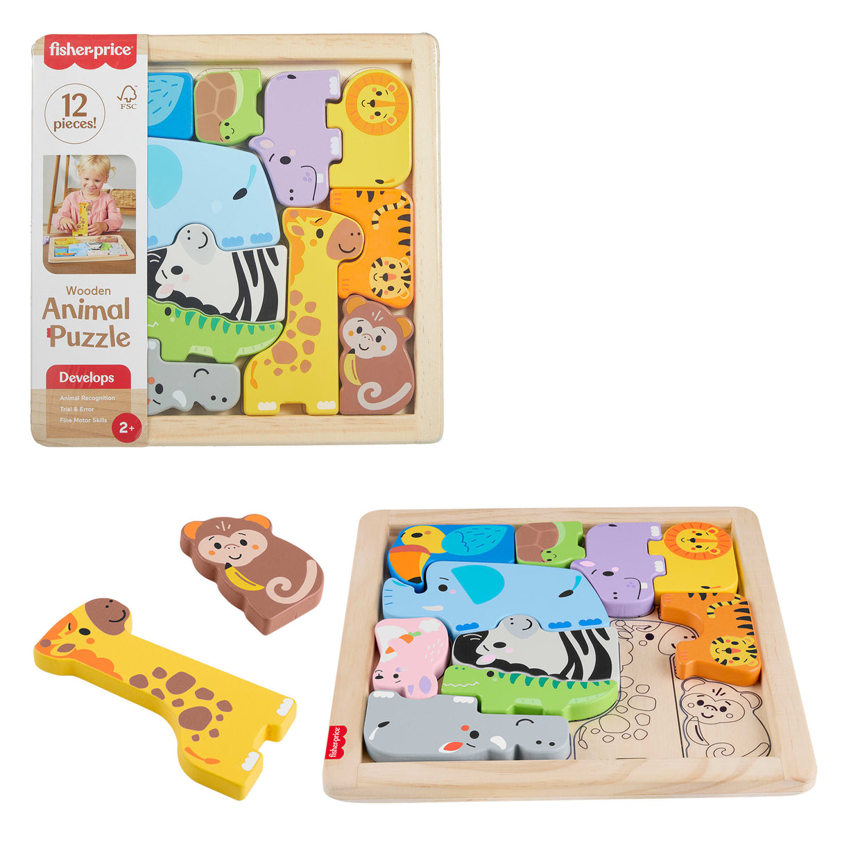 Fisher-Price - Puzzle Animaux en Bois - Tri de formes avec 13 pieces - Fisher-Price - JFG10