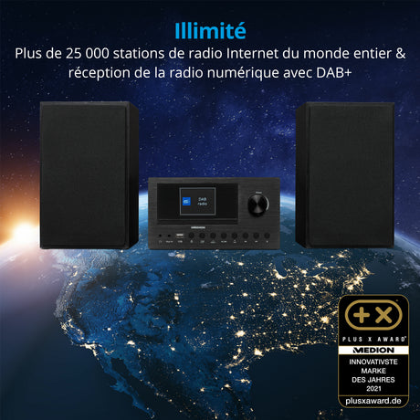 Mini Chaîne HiFi - MEDION - Radio Internet DAB/FM - Lecteur CD - 2x150W - Noir