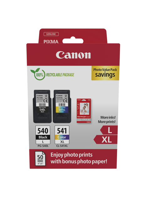 Pack de 2 cartouches d'encre + pack papiers photo - CANON - PG-540L Noir + CL-541XL Couleur - Haut rendement