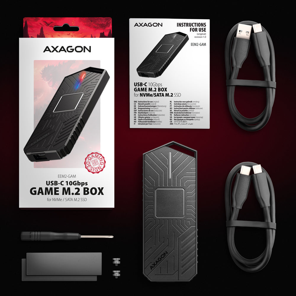 Boitier externe USB-C 3.2 Axagon EEM2-GAM - S-ATA/NVMe M.2 Type 2280 (Noir)