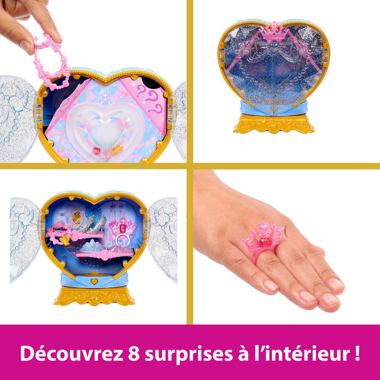 Poupée Jewel Reveal Cendrillon, Accessoires avec 8 surprises, 1 boîte a bijoux en forme de coeur, 1 bague pour enfant et 9 éléments,
