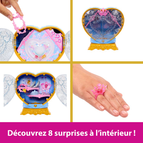 Poupée Jewel Reveal Cendrillon, Accessoires avec 8 surprises, 1 boîte a bijoux en forme de coeur, 1 bague pour enfant et 9 éléments,