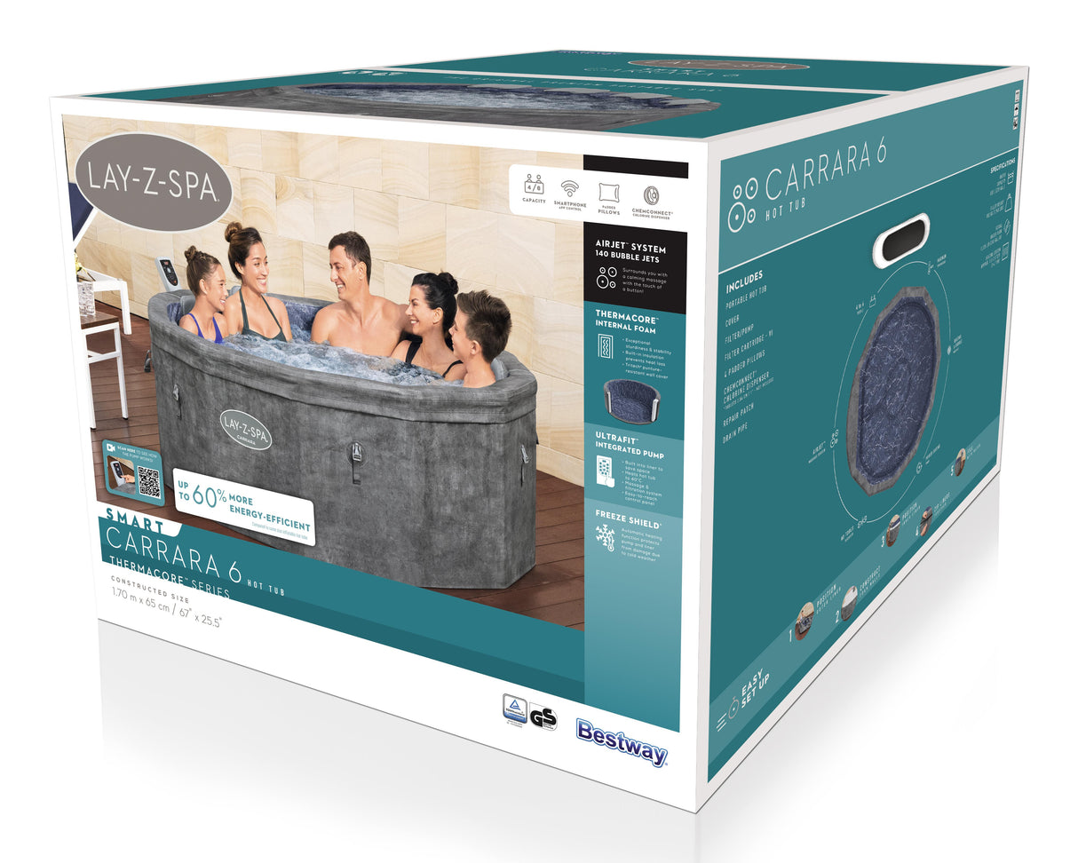 Spa semi rigide BESTWAY - Lay-Z-Spa Carrara - 140 airjets - 170 x 65 cm - 4 a 6 places - Rond (couverture, cartouche, 4 appuie-tete)