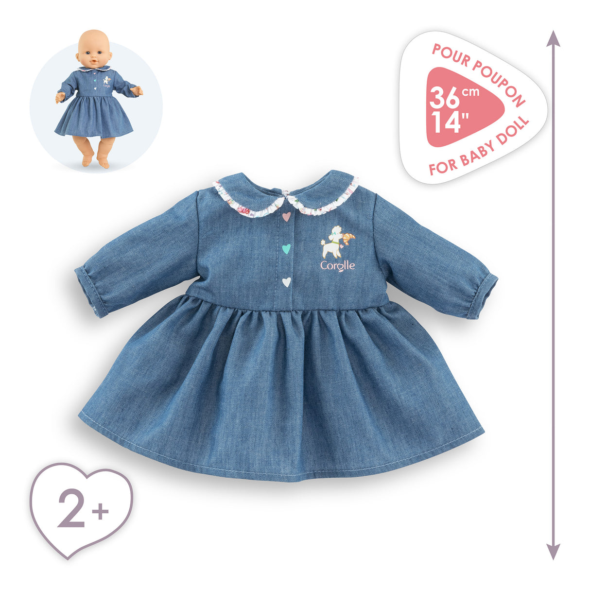 Robe Week-end a Paris - Corolle - 36 cm - Imitation denim - Col claudine - Sérigraphie petit chien